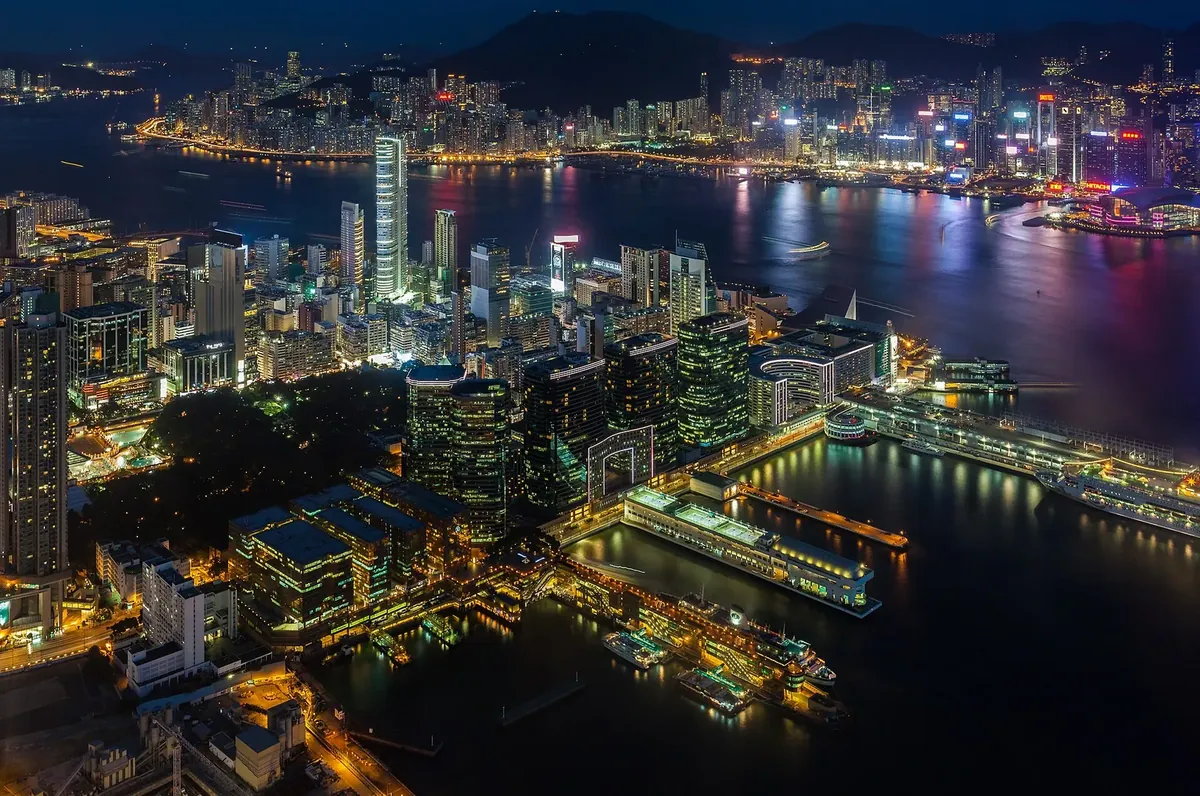 Victoria Harbour at night seen from Sky100, Hong Kong